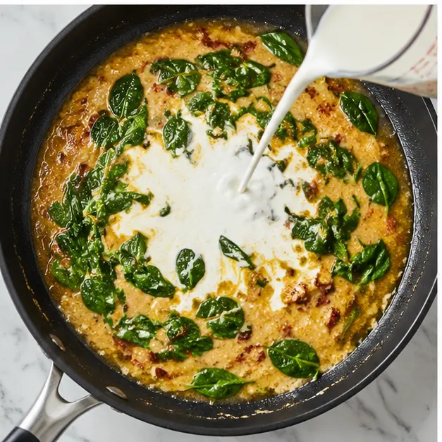 Step 3: Adding heavy cream and wilting spinach