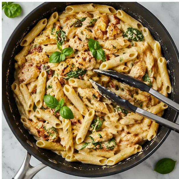 Step 4: Tossing cooked penne pasta into the finished sauce