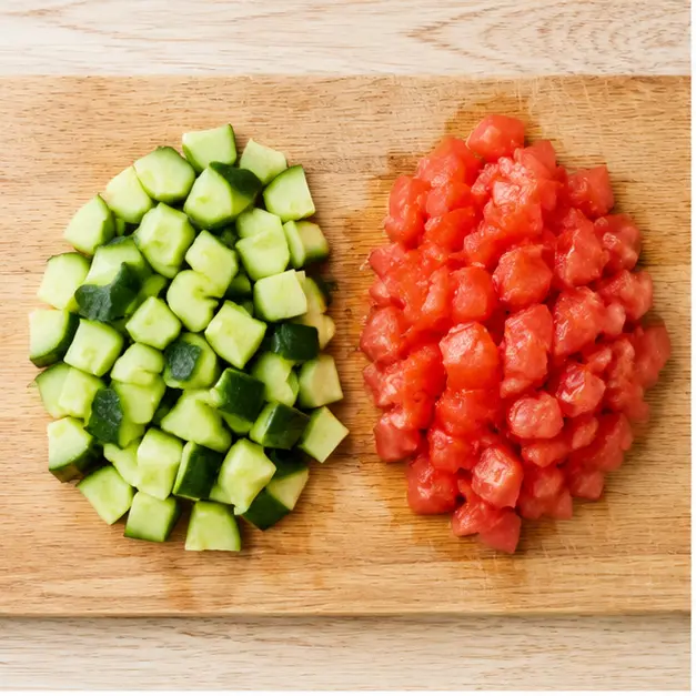 Step 1: Dice cucumber and tomatoes