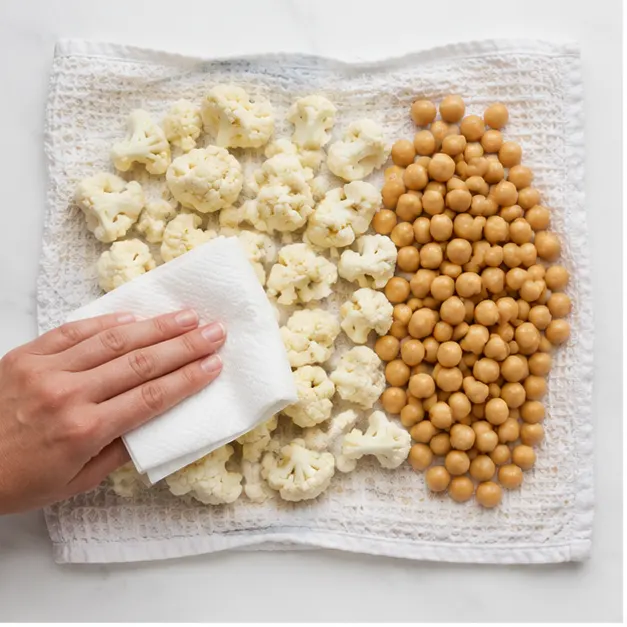 Step 1: Patting chickpeas dry on a towel