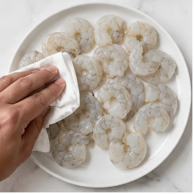 Step 1: Pat shrimp dry and arrange