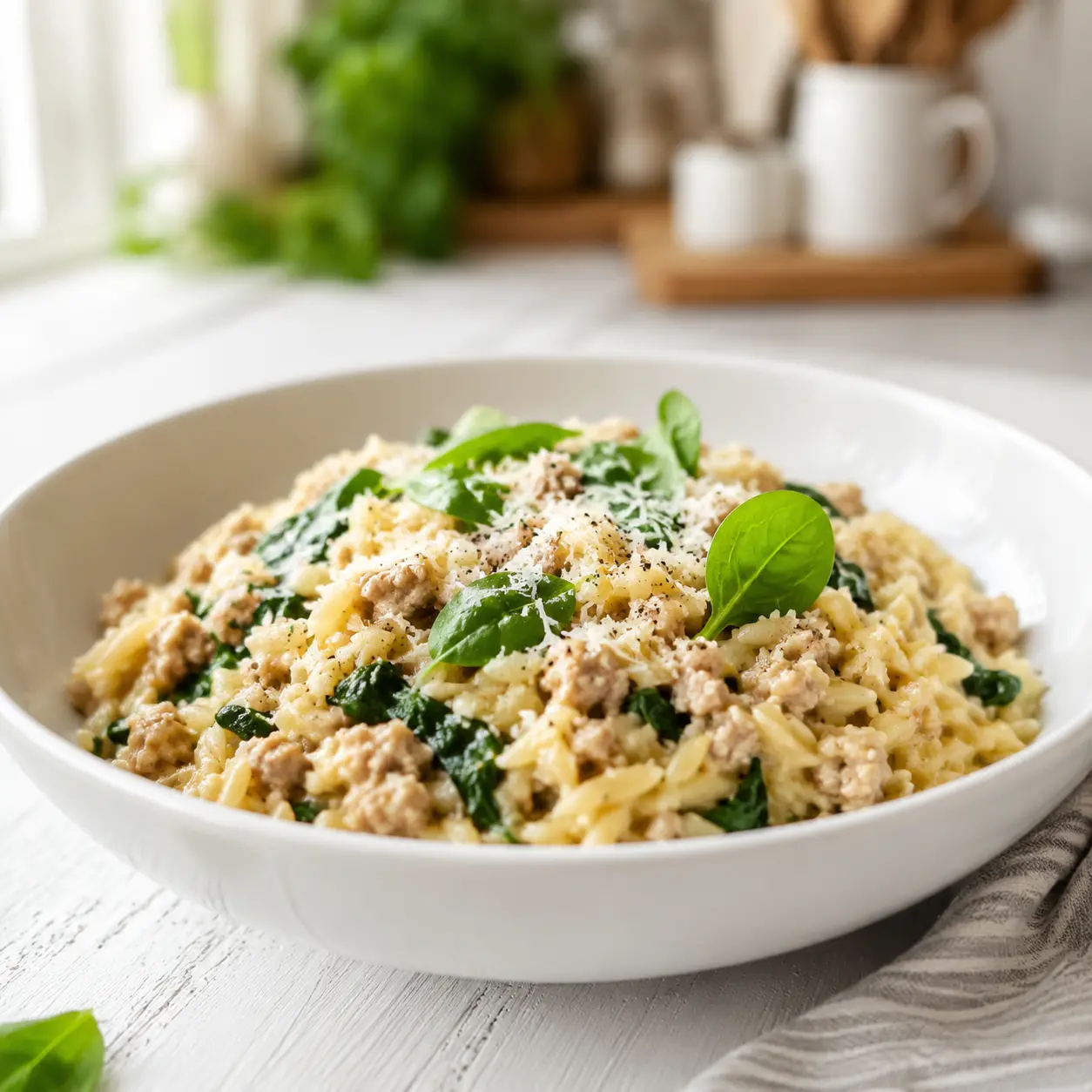 easy ground turkey spinach orzo - final presentation