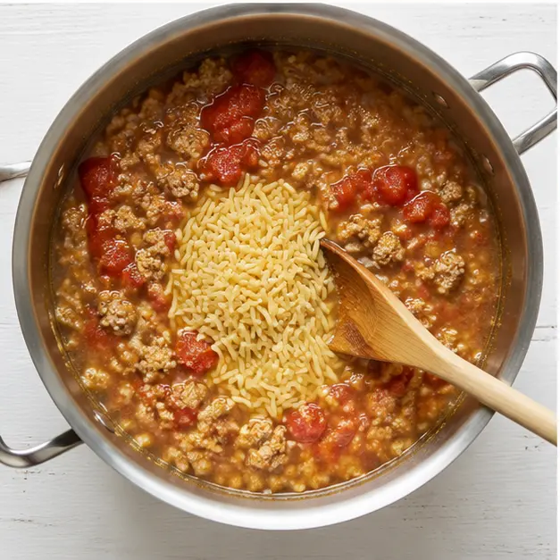Step 3: Adding broth, tomatoes, and orzo to simmer