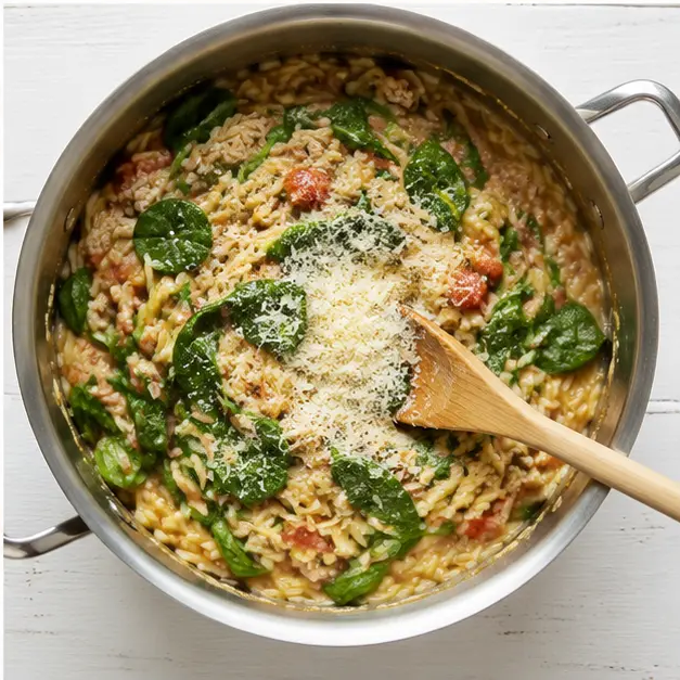Step 4: Wilting spinach and stirring in Parmesan