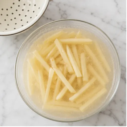 Step 1: Soaking cut Russet potatoes in cold water