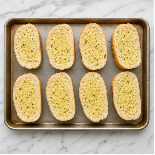 Step 1: Slicing and buttering the French bread pieces