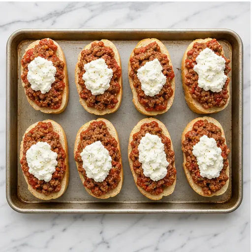 Step 3: Topping toasted bread with sauce and ricotta