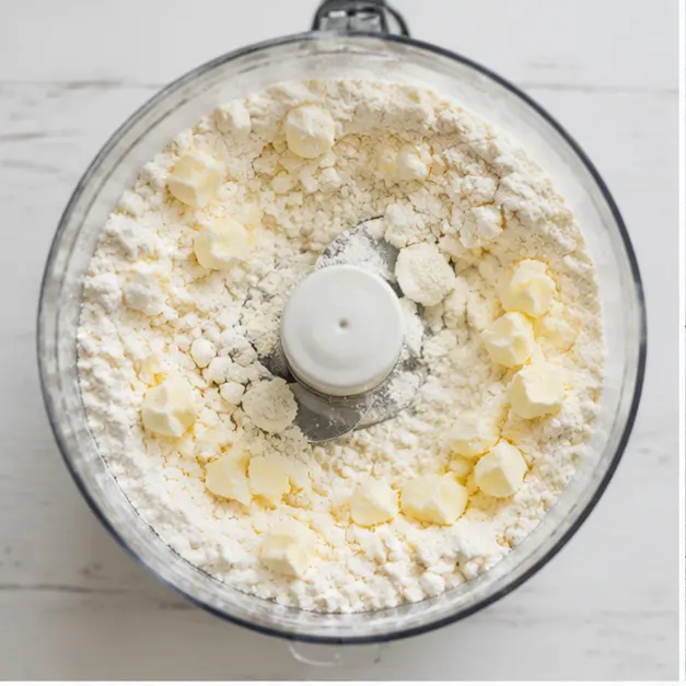 Step 1: Pulsing butter into flour in food processor