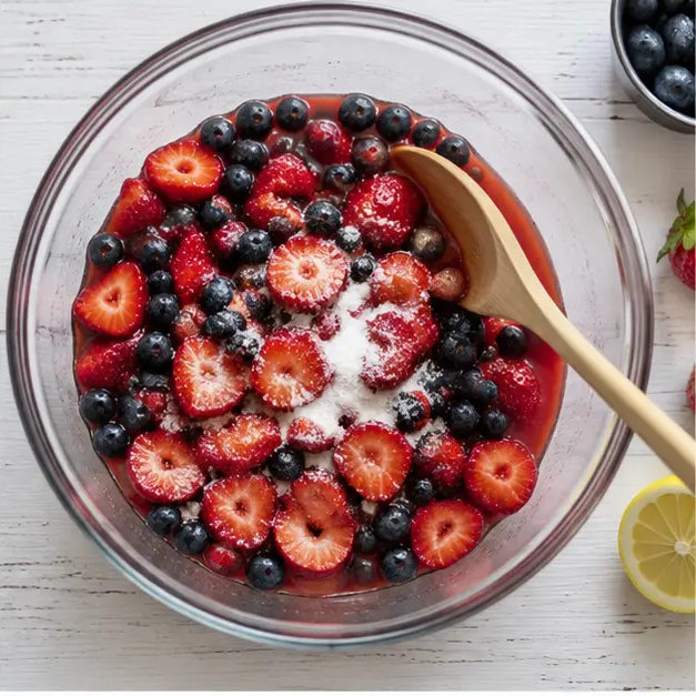 Step 2: Macerating berries with sugar and lemon