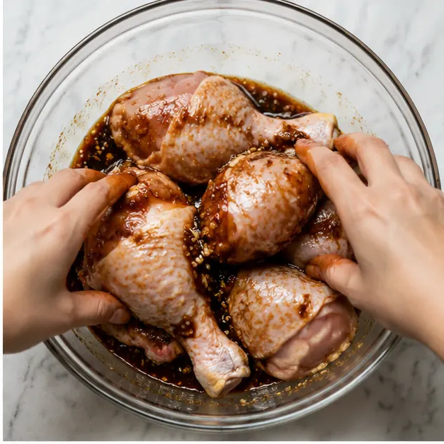 Step 2: Tossing raw chicken leg cuts in the sticky glaze