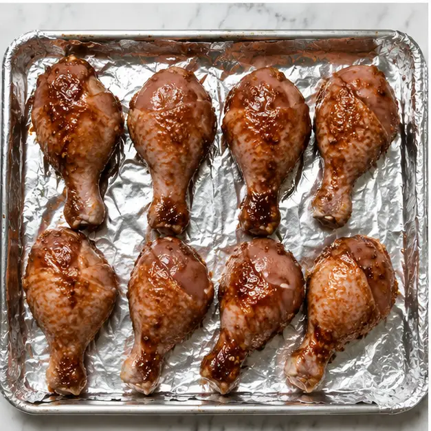 Step 3: Arranging glazed chicken on a foil-lined baking sheet