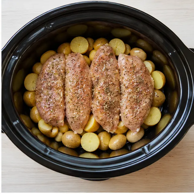 Step 2: Layer potatoes and chicken in slow cooker