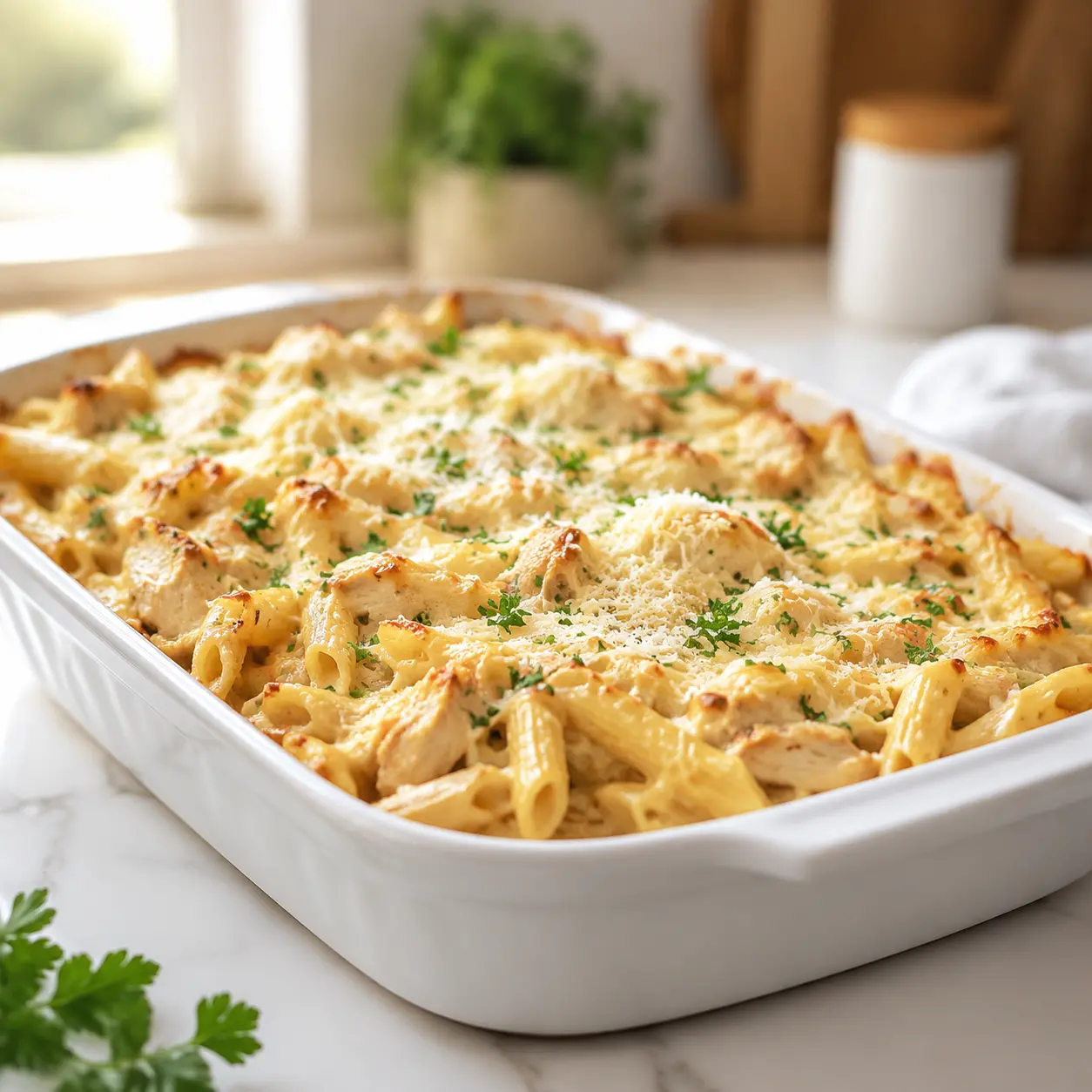 garlic parmesan chicken pasta bake - final presentation