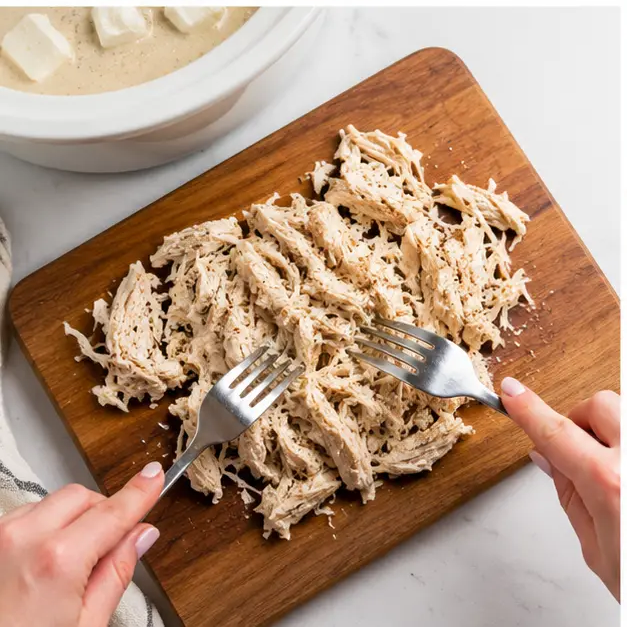 Step 3: Shredding cooked chicken fillets with forks