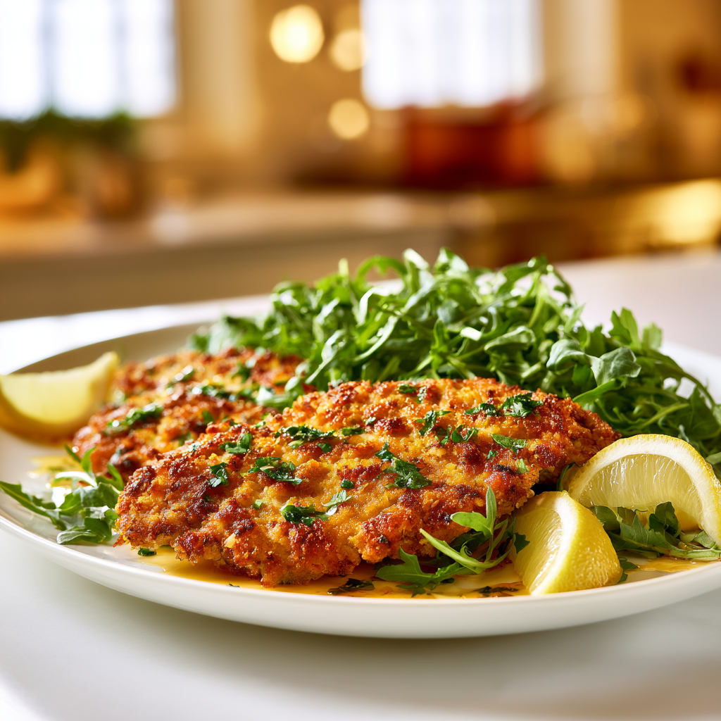 Sliced giant chicken cutlet on a platter with arugula and lemon wedges, ready to serve
