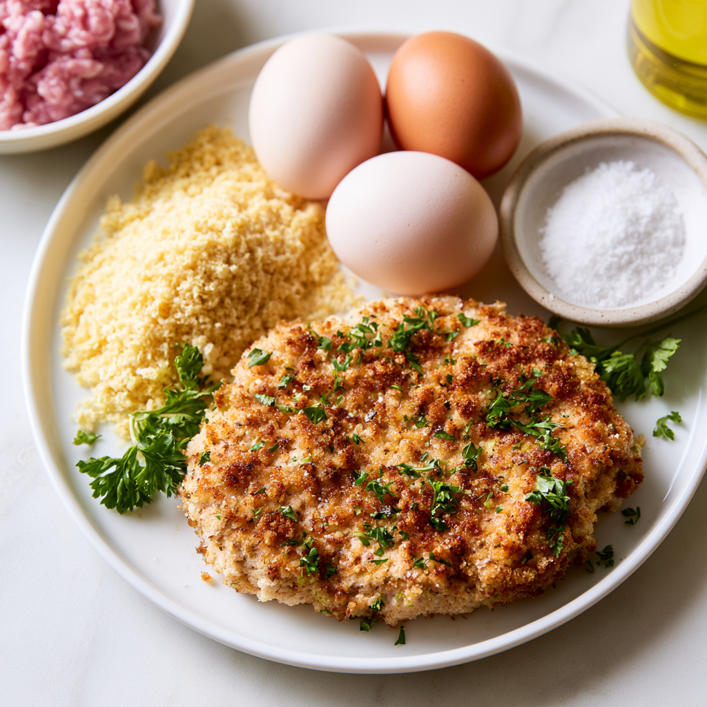 Main ingredients for giant chicken cutlet: ground chicken, panko, eggs, flour, salt, and avocado oil spray