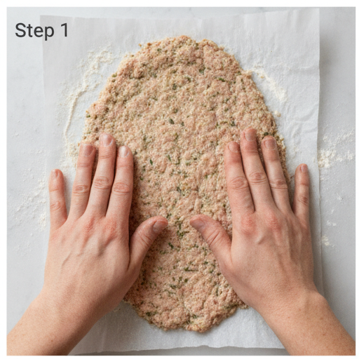 Seasoned ground chicken being pressed into a thin oval on floured parchment paper