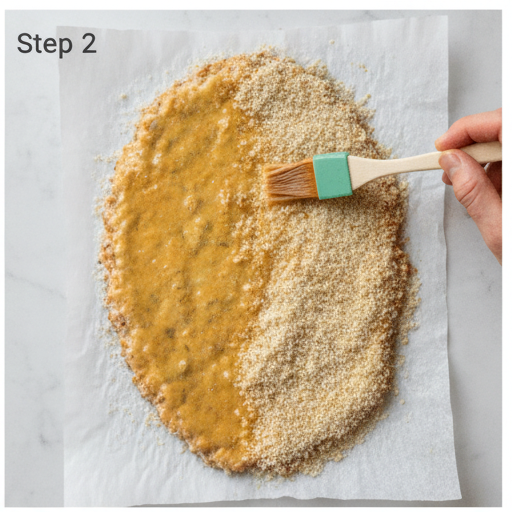 Thin oval of ground chicken on parchment, dusted with flour, ready for egg wash