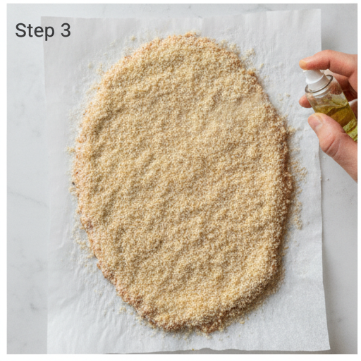 Breaded side of the chicken cutlet being sprayed with avocado oil, panko looking glossy