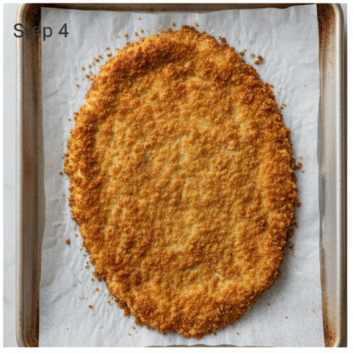 Flipped cutlet showing second side being coated with panko and oil spray