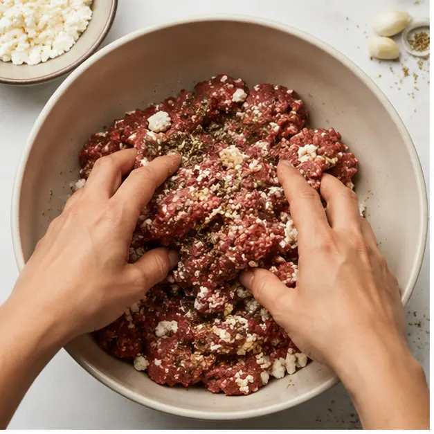 Step 1: Mixing ground beef with feta and herbs