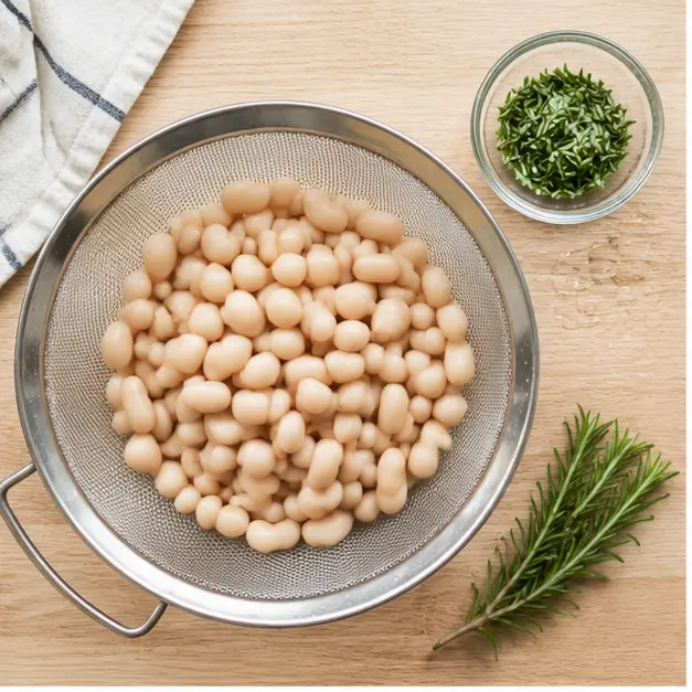 Step 1: Rinse and marinate the cannellini beans with rosemary