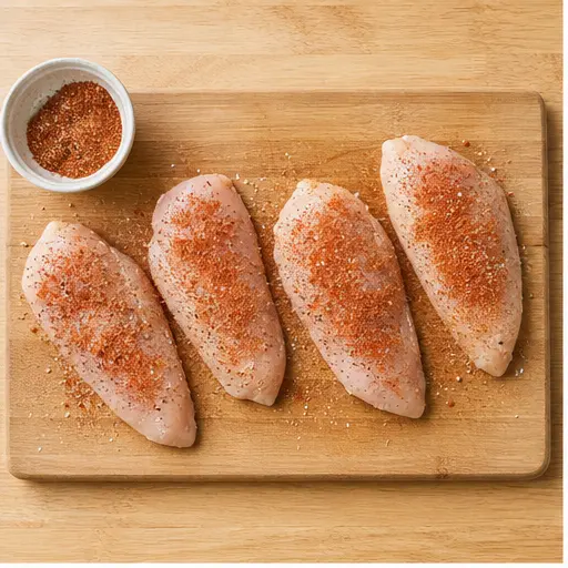 Step 1: Seasoning raw chicken fillets with spices