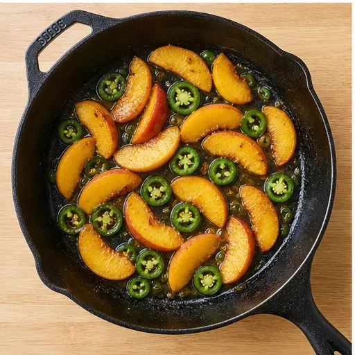 Step 3: Sauteing sliced peaches and jalapeno rounds