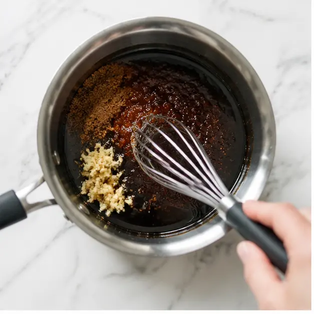 Step 1: Whisking the homemade teriyaki sauce ingredients in a saucepan