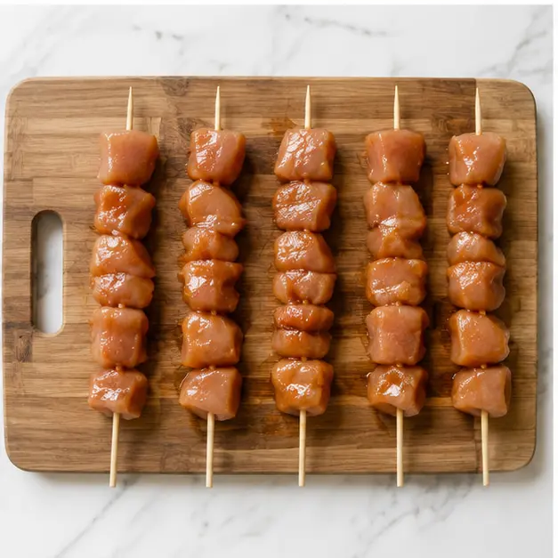 Step 3: Threading the marinated chicken onto wooden skewers