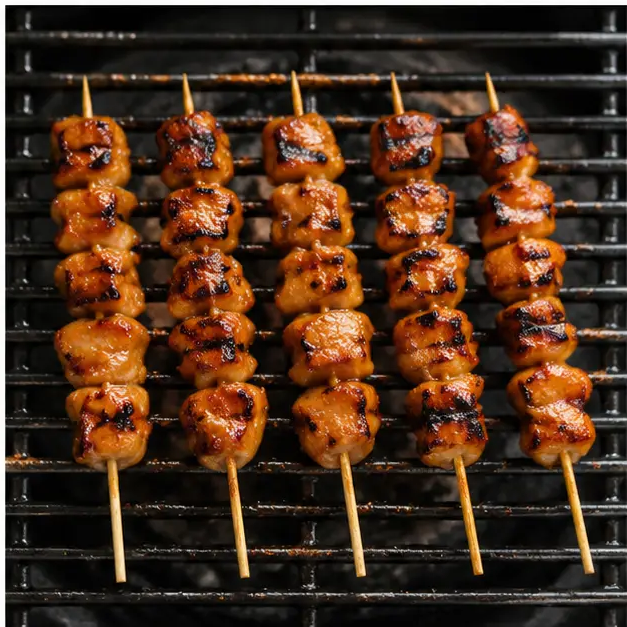 Step 4: Grilling the skewers with visible char marks and caramelized glaze