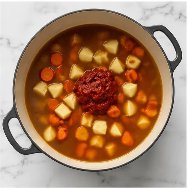Step 3: Adding beef broth, tomato paste, potatoes, and carrots
