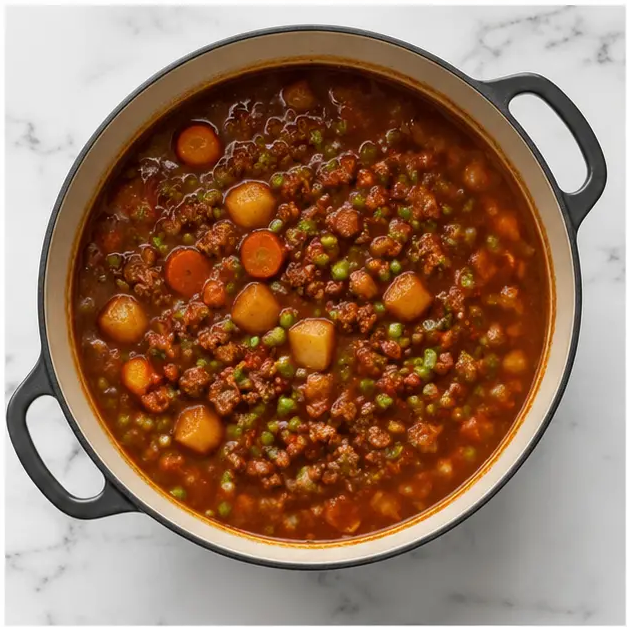Step 4: Final simmer with frozen peas stirred in