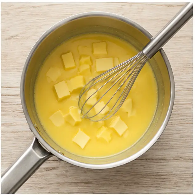 Step 2: Add butter pieces to the egg mixture.