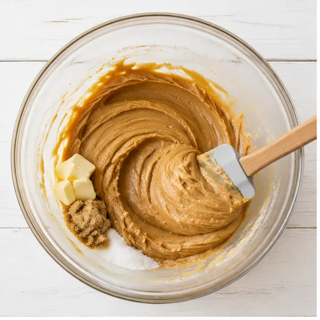 Step 1: Mixing peanut butter butter and sugars into a creamy dough