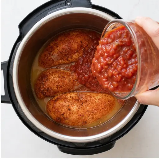 Step 2: Placing chicken in Instant Pot with salsa and broth