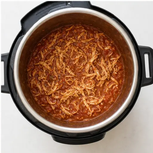 Step 4: Stirring shredded chicken back into sauce