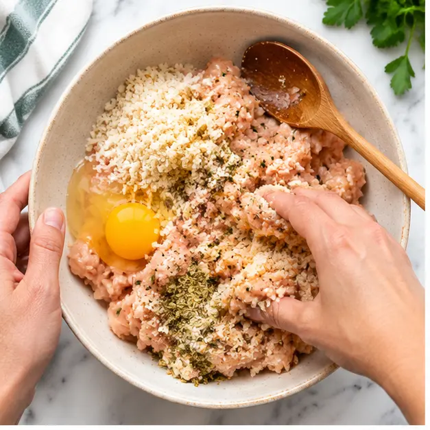 Step 1: Mixing ground chicken with binder ingredients
