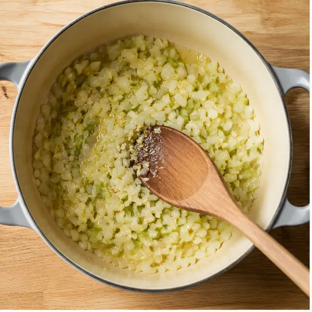 Step 1: Sautéing ginger, garlic, onion, and celery in oil until fragrant