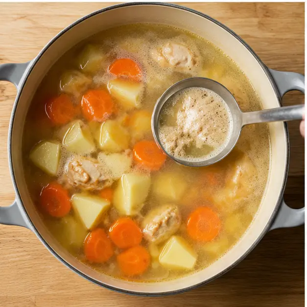 Step 3: Simmering curry stock with potatoes and carrots