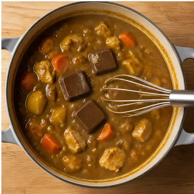 Step 4: Melting in curry roux blocks to thicken the sauce