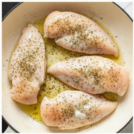 Seasoned chicken fillets searing in a skillet with golden brown edges