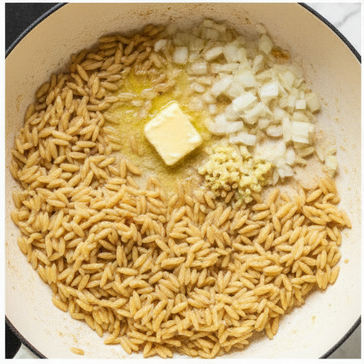 Creamy orzo with wilting spinach, Parmesan cheese being stirred in
