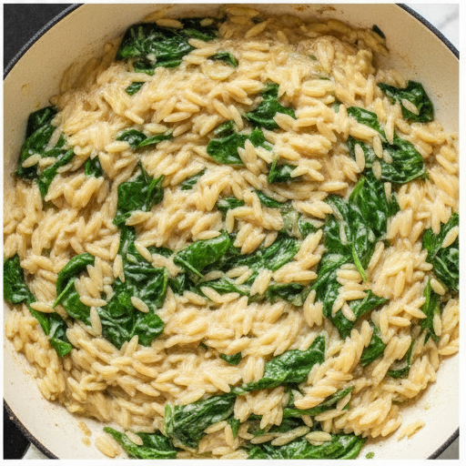 Sliced chicken fillets on top of creamy orzo, garnished with lemon slices and parsley
