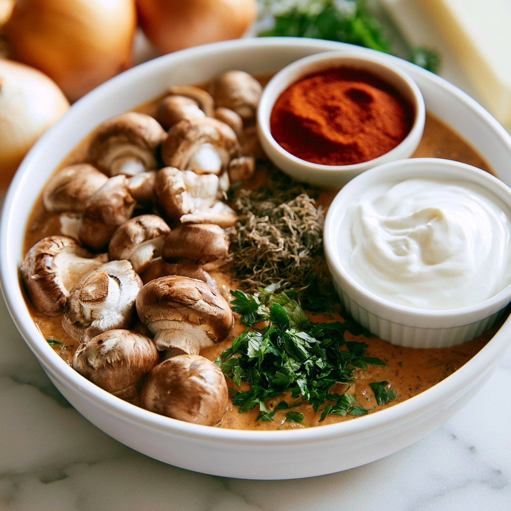 loaded creamy mushroom soup - main ingredients including cremini mushrooms, onions, paprika, sour cream