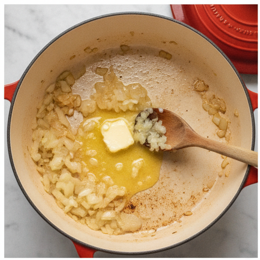 loaded creamy mushroom soup - step 1 sautéing mushrooms and onions in butter