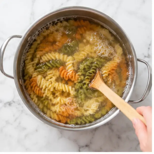 Step 1: Cook tri-color rotini to al dente and rinse with cold water