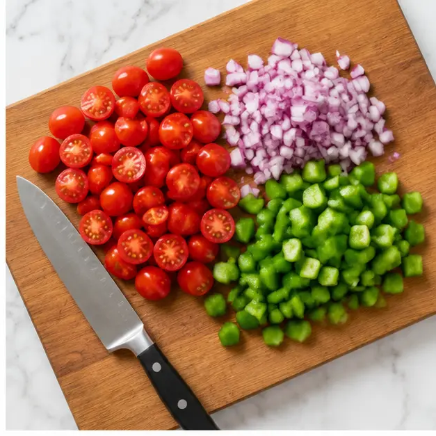 Step 2: Chop cherry tomatoes, red onion, and green bell pepper