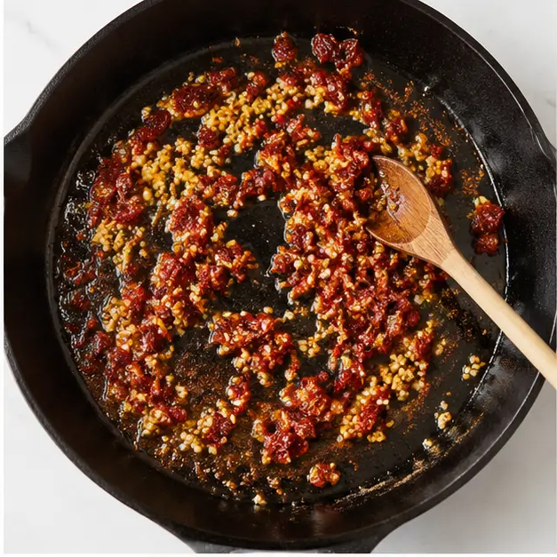 Step 2: Sautéing garlic and sun-dried tomatoes in drippings