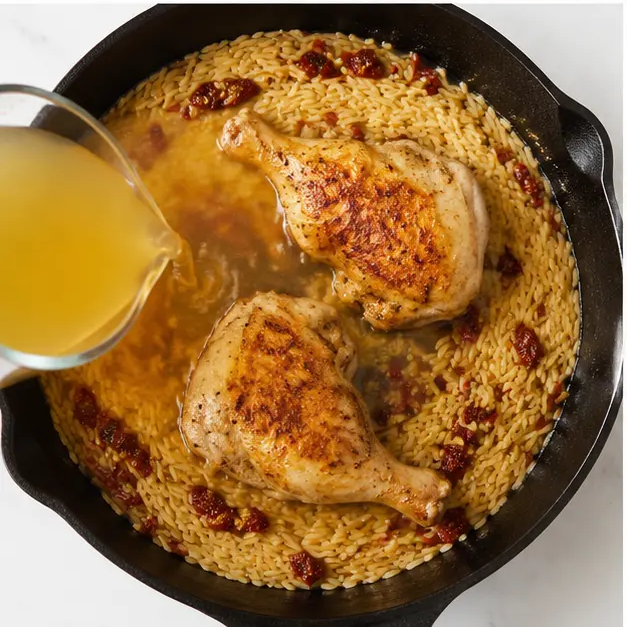 Step 3: Adding broth, orzo, and returning chicken to skillet